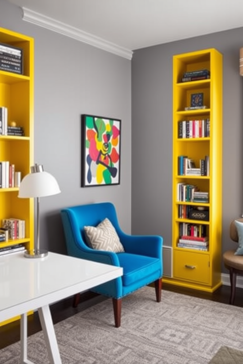 A cozy home library featuring a gray backdrop with bright accent colors. The walls are painted a soft gray, while vibrant yellow bookshelves add a pop of color, showcasing a collection of books and decorative items. A plush, bright blue armchair is positioned in the corner, inviting you to sit and read. A sleek, modern desk in a contrasting white sits against the wall, complemented by a colorful abstract art piece above it.