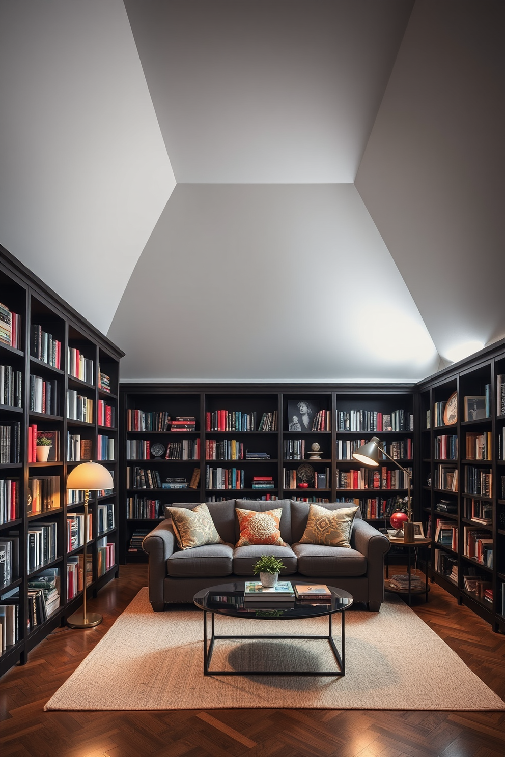 A cozy home library with a gray ceiling that enhances the warmth of the space. The walls are lined with dark wooden bookshelves filled with an eclectic mix of books and decorative items. A plush gray sofa is positioned in the center, adorned with colorful throw pillows for added comfort. Soft, ambient lighting from stylish floor lamps creates an inviting reading nook in the corner.