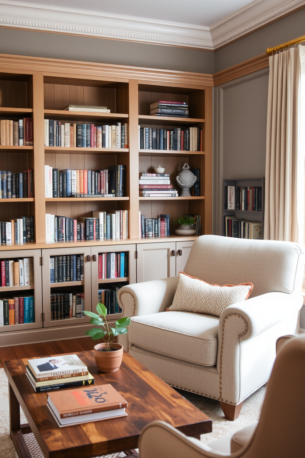 A cozy home library featuring warm gray tones complemented by natural wood accents. The walls are painted in a soft warm gray, and built-in wooden shelves display an array of books and decorative items. A large, plush armchair sits in the corner, upholstered in a light fabric that enhances the inviting atmosphere. A wooden coffee table rests in front of the chair, adorned with a few carefully selected books and a small potted plant.