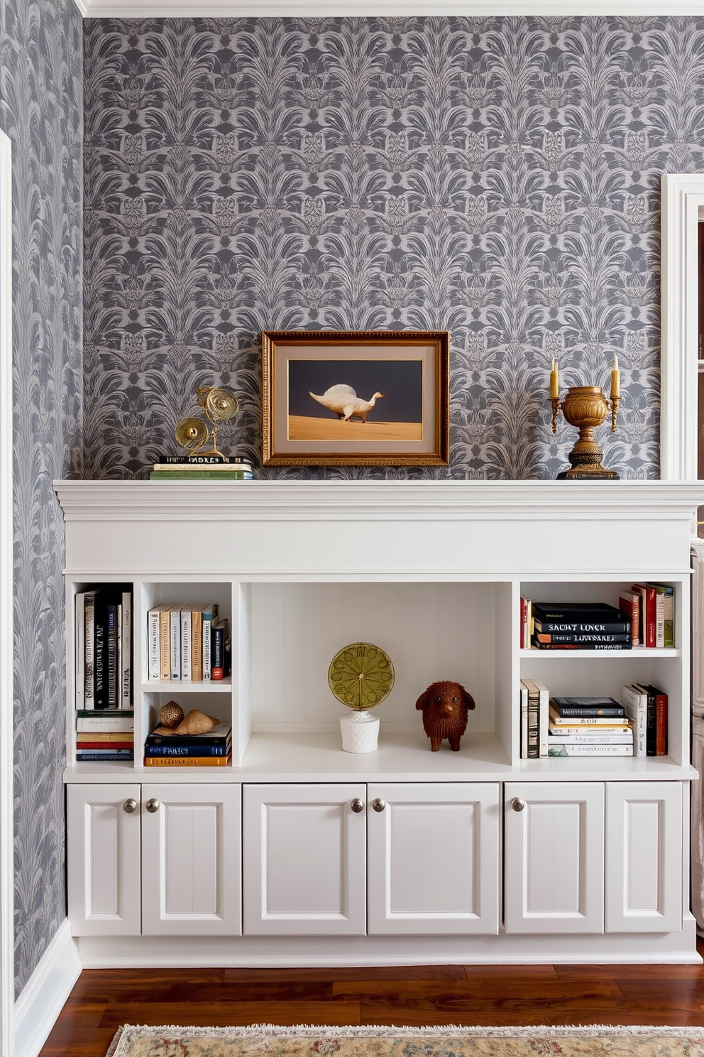 Elegant gray wallpaper adorns the walls, creating a sophisticated backdrop for the space. Custom-built bookshelves line the walls, showcasing a curated collection of books and decorative items.