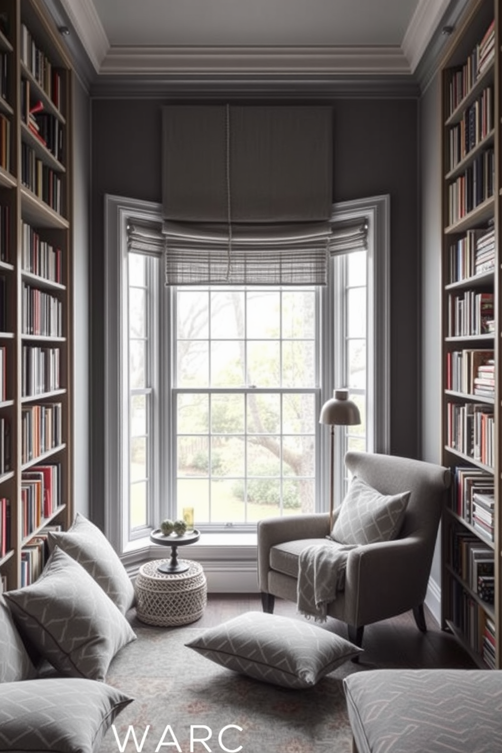 A cozy home library filled with playful gray patterns on cushions and throws. The shelves are lined with books, and a comfortable reading chair is positioned near a large window allowing natural light to flood the space.