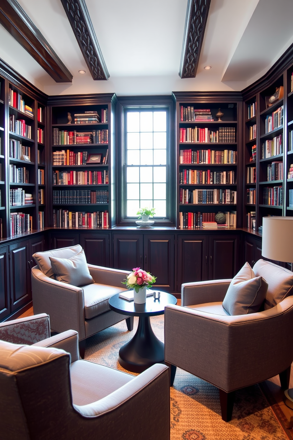 Create a cozy home library featuring gray upholstered chairs that invite relaxation and reading. The space should be adorned with dark wooden bookshelves filled with a variety of books, complemented by warm lighting to enhance the inviting atmosphere.