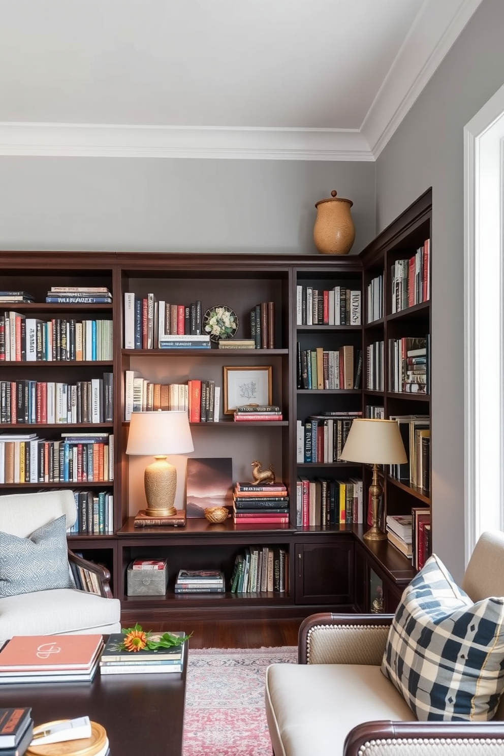 A cozy home library with light gray walls that create a calm and inviting atmosphere. Dark wood shelves line the walls, filled with an array of books and decorative items, adding warmth and character to the space.