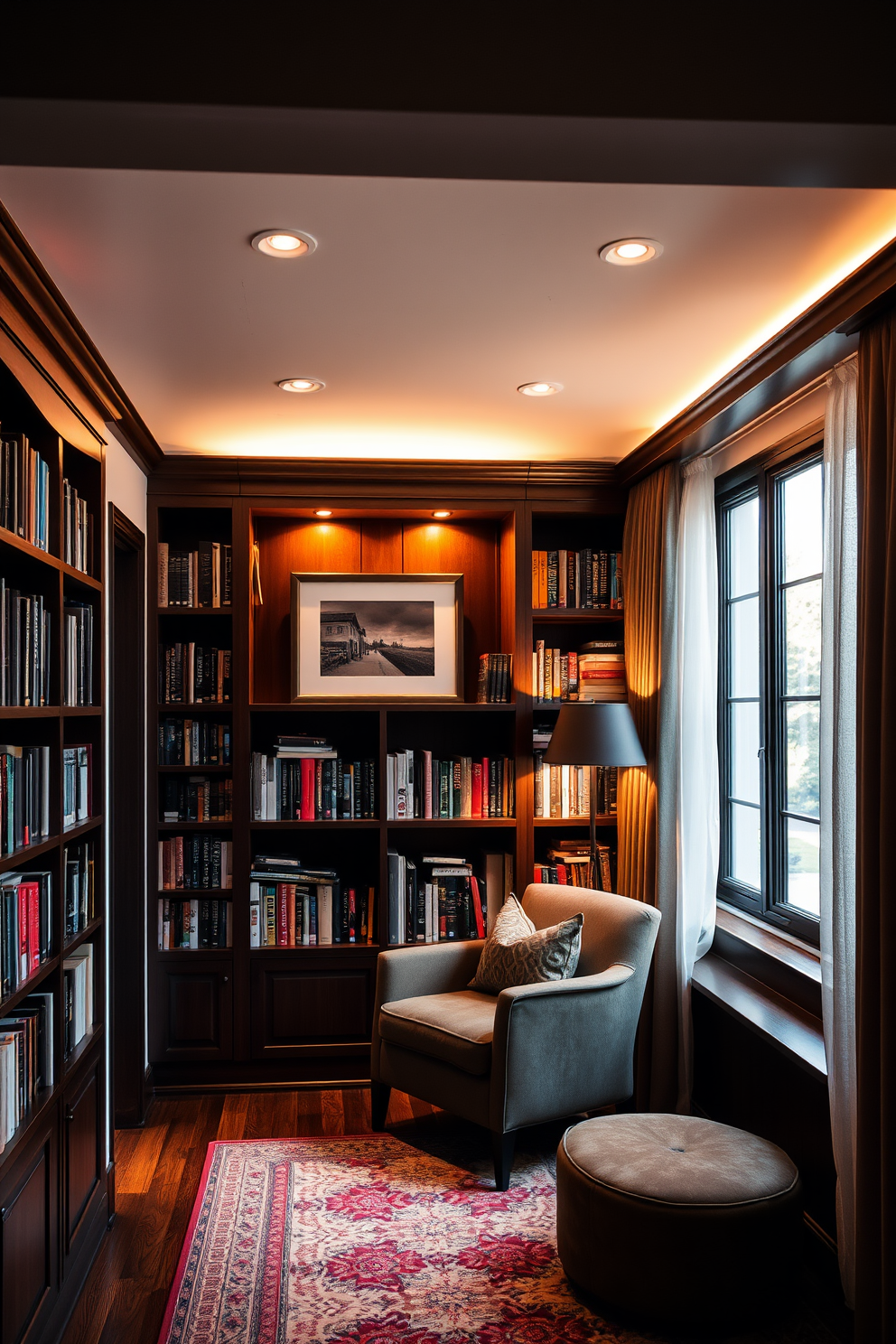 A cozy home library with layered lighting that creates a warm ambiance. The walls are lined with dark wood bookshelves filled with books, and a plush armchair sits in the corner under a stylish floor lamp. Soft recessed lighting highlights the artwork and adds depth to the space. A large window allows natural light to filter in, complemented by sheer curtains that gently diffuse the sunlight.