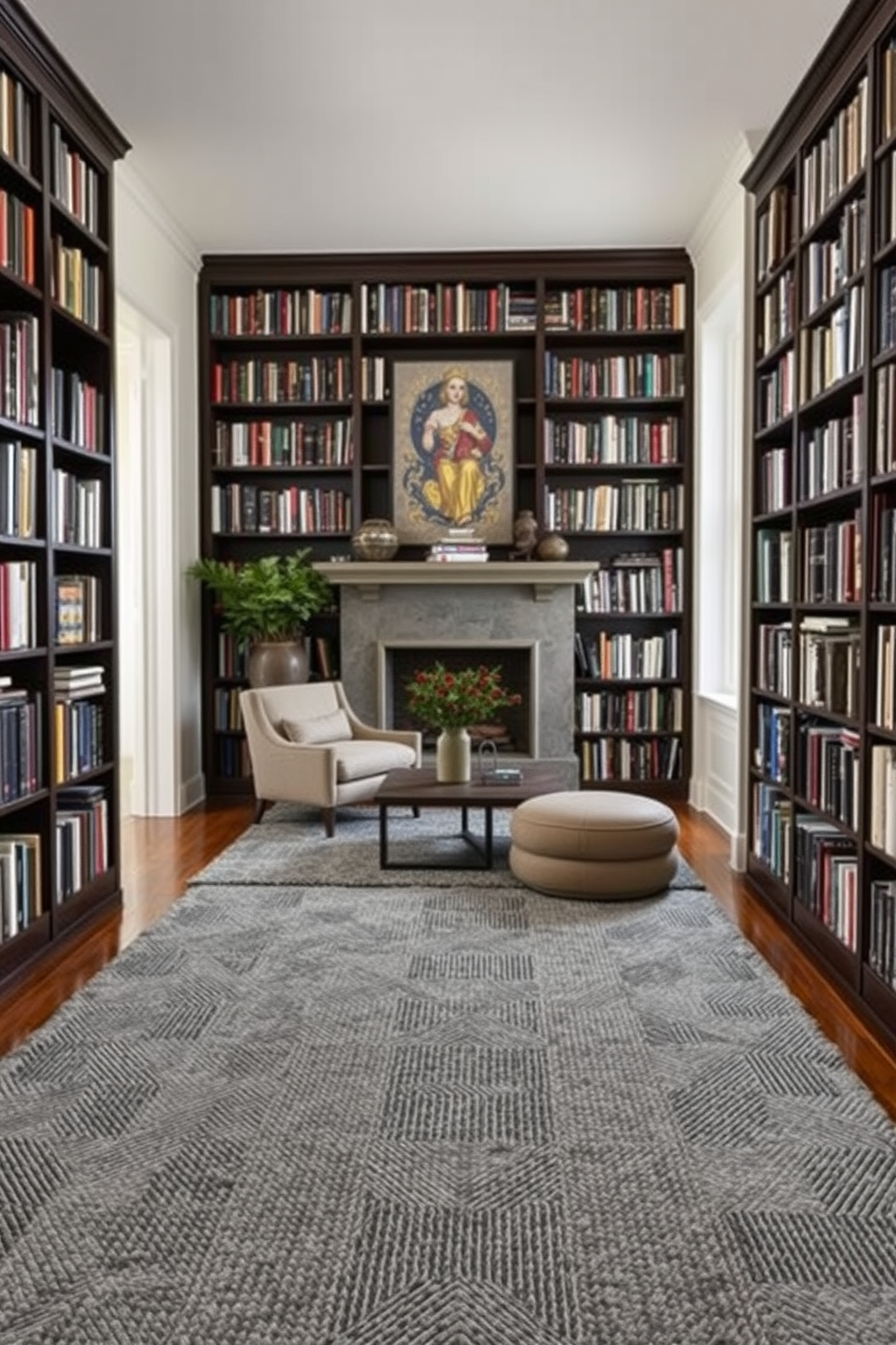 A cozy home library featuring textured gray rugs that add warmth to the space. The walls are lined with dark wooden bookshelves filled with a variety of books, creating an inviting atmosphere for reading and relaxation.