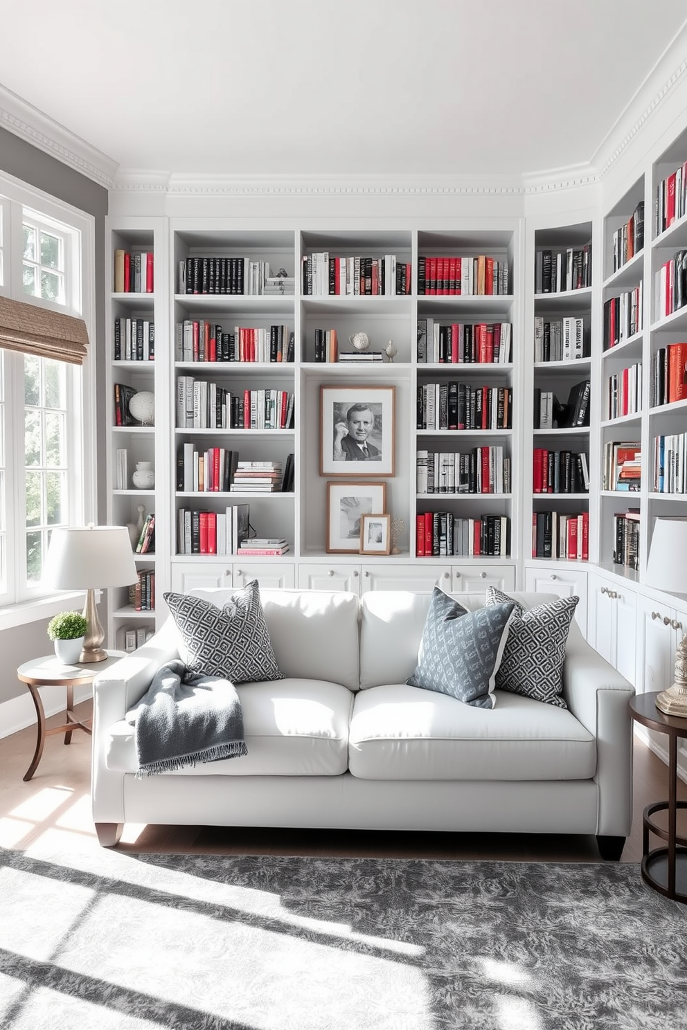 A serene home library featuring a gray and white color scheme that exudes freshness. The walls are painted in a soft gray, complemented by white bookshelves filled with an array of books and decorative items. A plush white sofa is positioned in the center, adorned with gray and patterned throw pillows. Natural light floods the space through large windows, illuminating a stylish gray area rug that anchors the seating area.