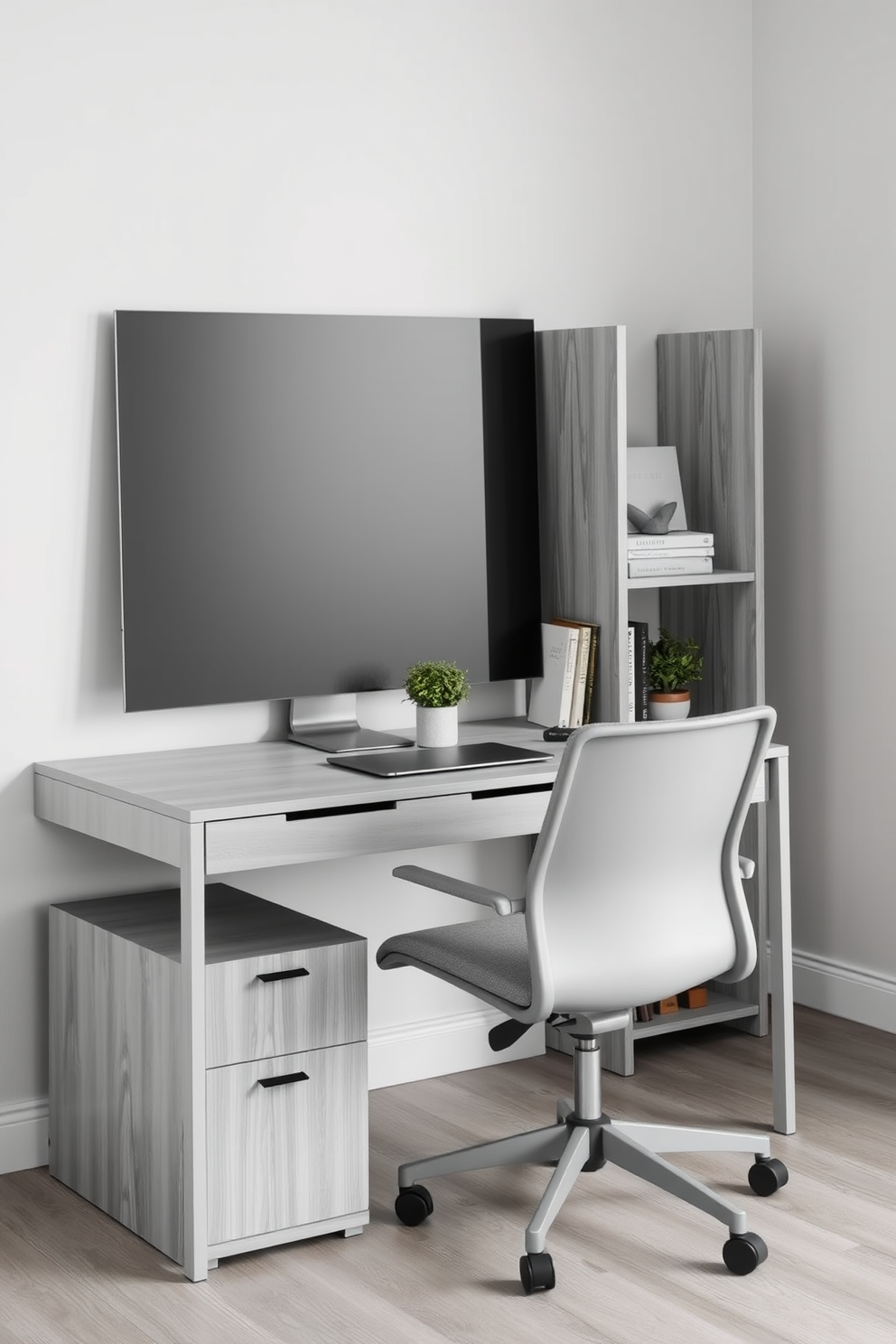 A modern minimalist gray desk setup featuring a sleek gray desk with clean lines and a subtle texture. The desk is paired with a comfortable ergonomic chair in a matching shade, and a small potted plant adds a touch of greenery to the workspace. The walls are painted in a soft light gray, creating a serene atmosphere. A minimalist bookshelf stands to one side, holding a few carefully selected books and decorative items.