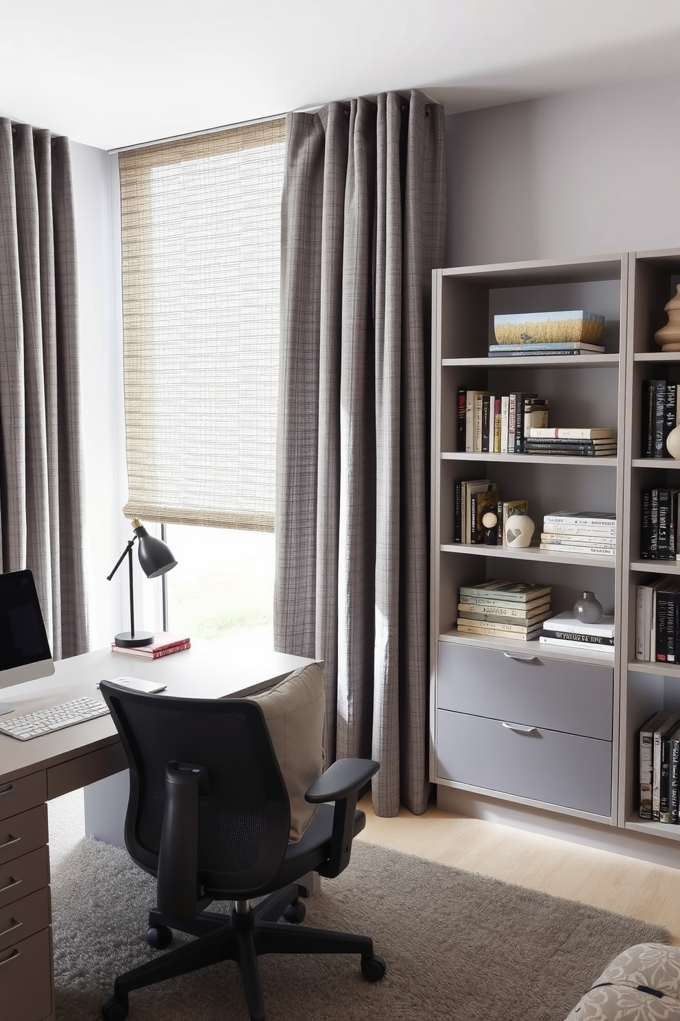 A cozy home office featuring textured gray curtains that add warmth to the space. The room is designed with a sleek gray desk, a comfortable ergonomic chair, and modern shelving units filled with books and decorative items.