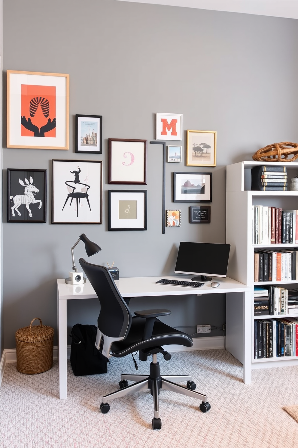 A modern home office featuring a gray accent wall adorned with various art pieces that add personality and style. The workspace includes a sleek desk with a comfortable ergonomic chair, complemented by a stylish bookshelf filled with books and decorative items.