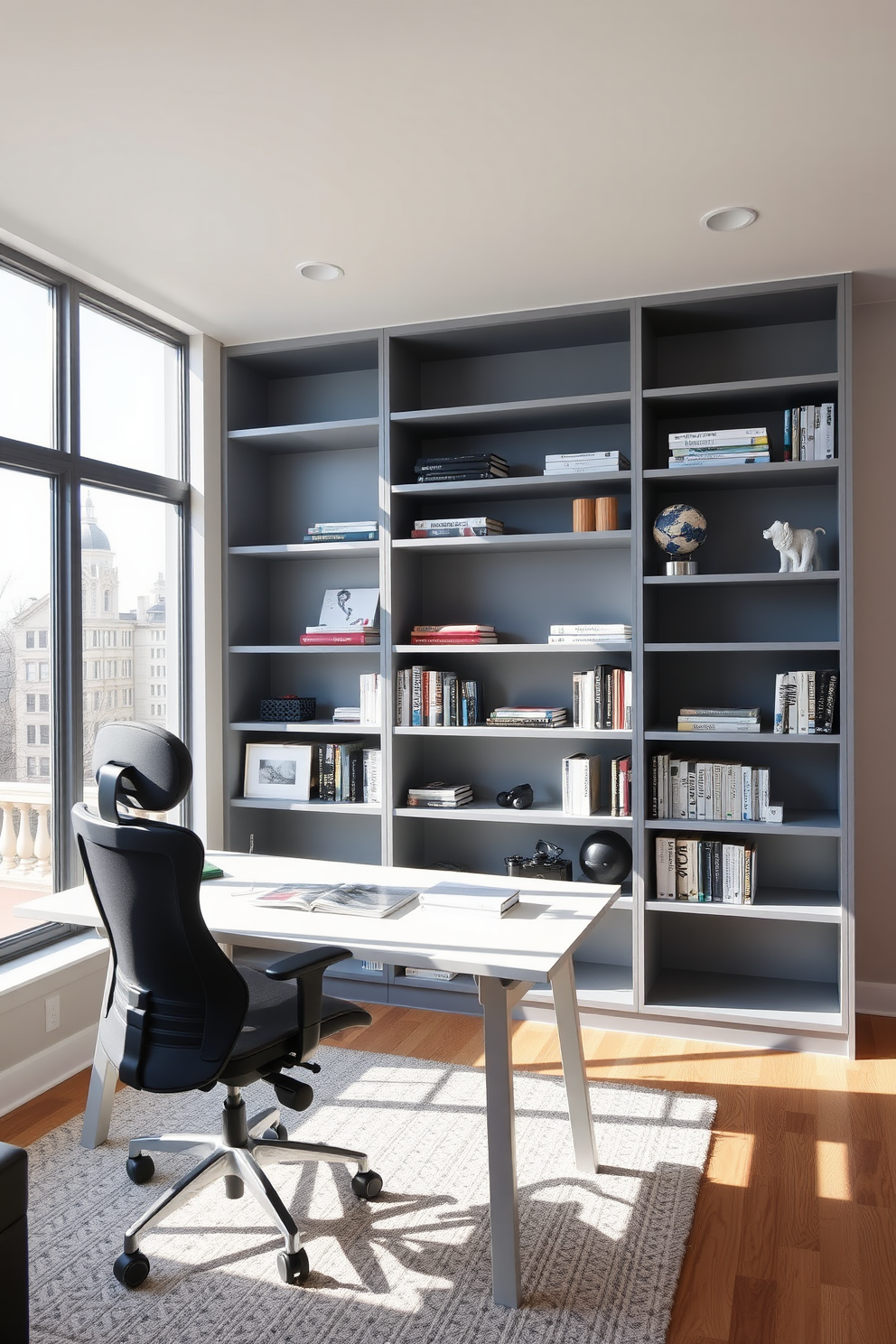 A modern home office featuring open gray shelving that provides easy access to books and supplies. The workspace includes a sleek desk with a minimalist design and a comfortable ergonomic chair, complemented by natural light streaming through large windows.