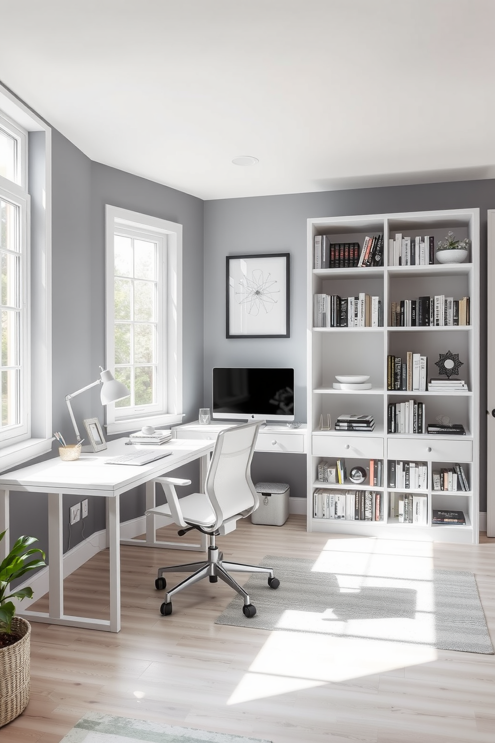 A modern home office designed with a gray and white color scheme. The walls are painted in a soft gray, complemented by a sleek white desk and ergonomic chair. Natural light streams in through large windows, enhancing the airy feel of the space. A minimalist bookshelf in white holds an array of books and decorative items, adding a touch of personality to the room.