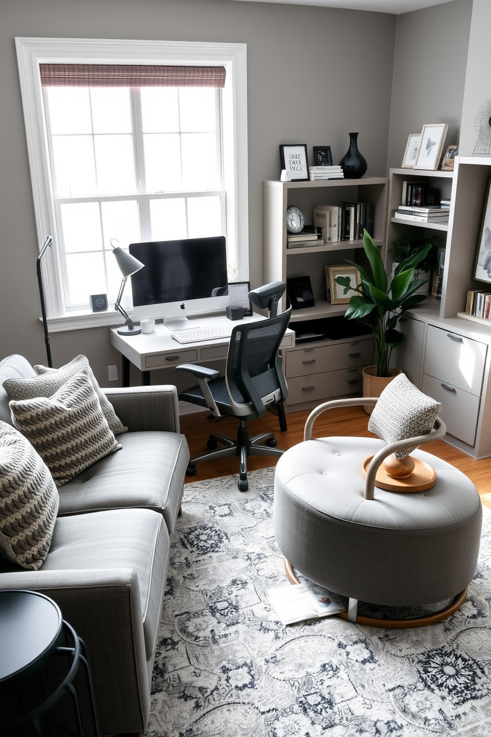 A cozy home office setting featuring layered gray textiles that create a warm and inviting atmosphere. The room includes a plush gray sofa adorned with textured throw pillows and a sleek desk with a modern ergonomic chair. Natural light floods the space through large windows, highlighting the soft gray walls and a stylish area rug that adds depth to the room. Shelves filled with books and decorative items provide a personal touch, while a potted plant in the corner brings a hint of greenery.