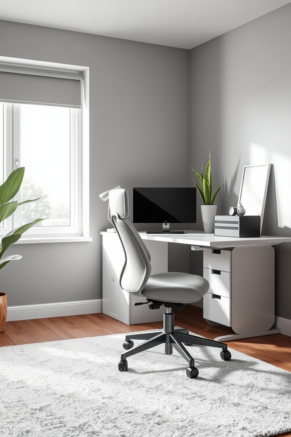 A sleek ergonomic gray chair is positioned at a modern desk, designed for optimal comfort and productivity. The home office features soft gray walls, complemented by a large window that allows natural light to flood the space. The desk is adorned with minimalistic accessories, including a stylish desk lamp and a potted plant for a touch of greenery. A plush area rug in a lighter gray tone anchors the room, creating a cozy and inviting atmosphere.