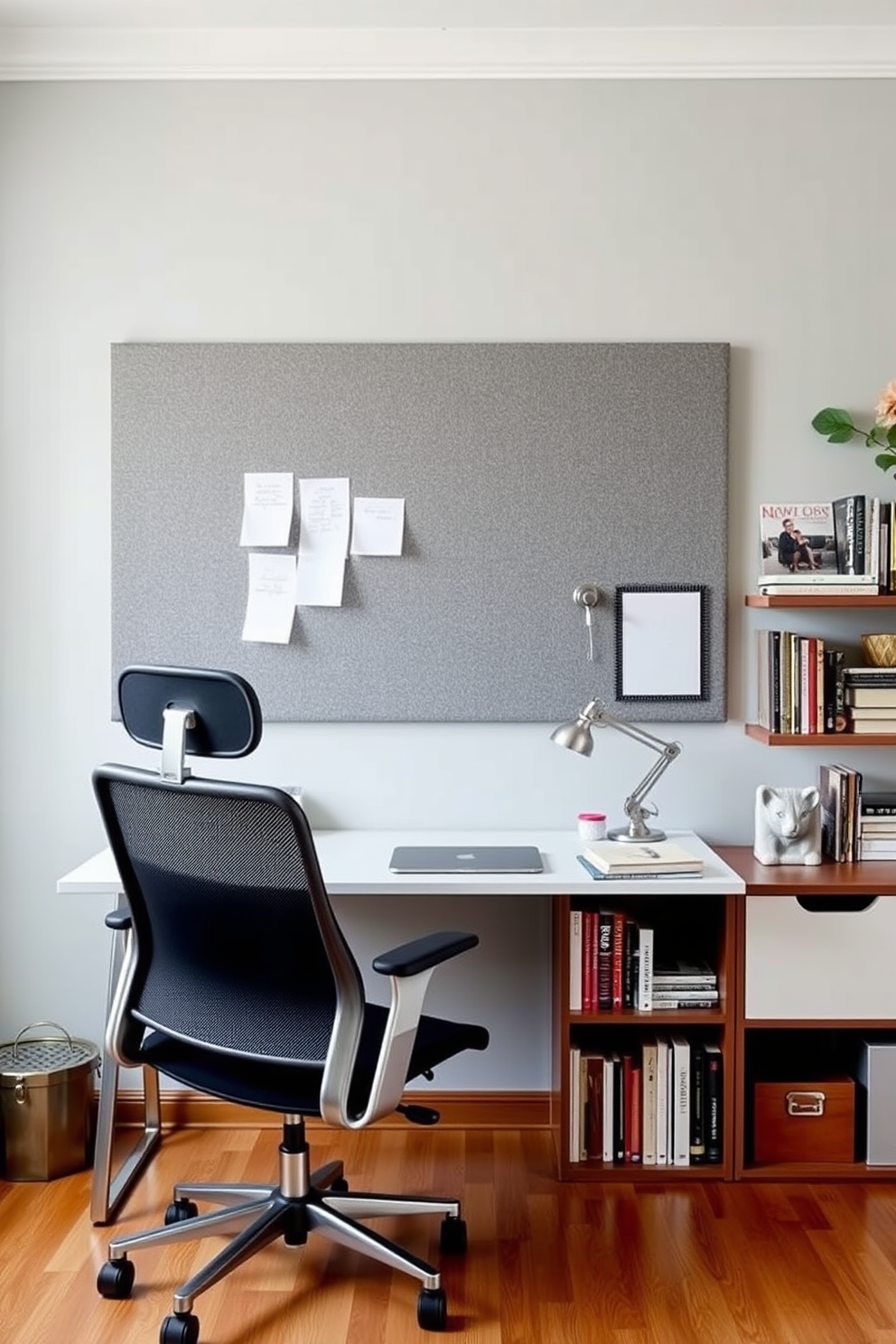 A stylish home office featuring a gray corkboard mounted on the wall for inspiration and notes. The desk is sleek and modern with a comfortable ergonomic chair, complemented by a bookshelf filled with design books and decorative items.