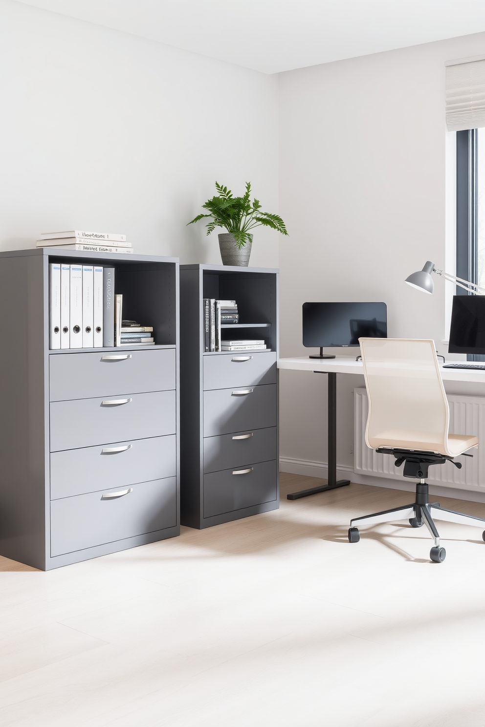 A modern gray filing cabinet sits in a sleek home office, providing ample storage for documents and office supplies. The workspace features a minimalist desk with a comfortable ergonomic chair, accented by a stylish desk lamp and decorative plant.