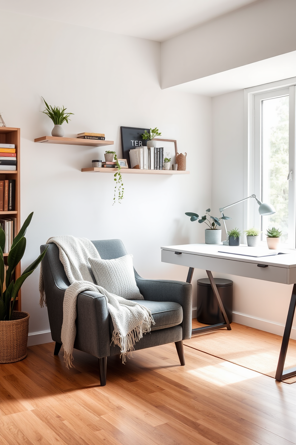 Cozy gray armchair with soft throw positioned in a well-lit corner of a modern home office. The walls are painted in a light neutral color, and a stylish desk with a sleek design complements the inviting atmosphere. A large window allows natural light to flood the space, enhancing the warm ambiance. Decorative shelves filled with books and plants add personality and charm to the office environment.