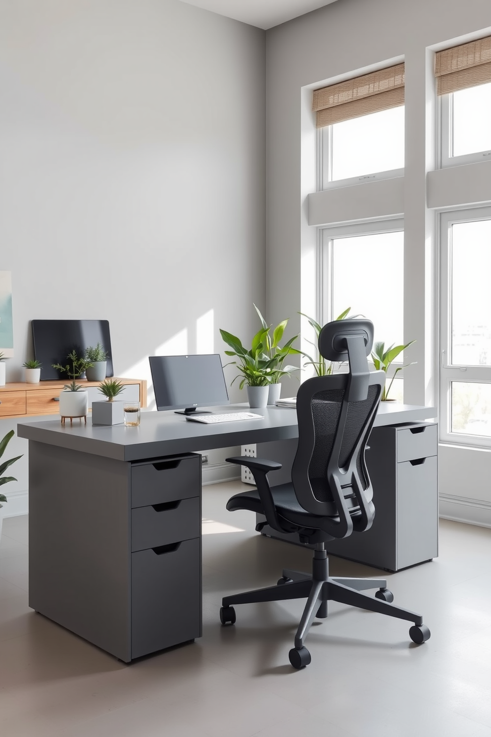 A sleek gray desk organizer sits on a minimalist gray desk, creating a tidy and efficient workspace. The walls are painted in a soft gray hue, complemented by a stylish ergonomic chair and warm wood accents throughout the room. Natural light streams in through large windows, illuminating the space and highlighting the clean lines of the furniture. A few potted plants add a touch of greenery, enhancing the calming atmosphere of the home office.