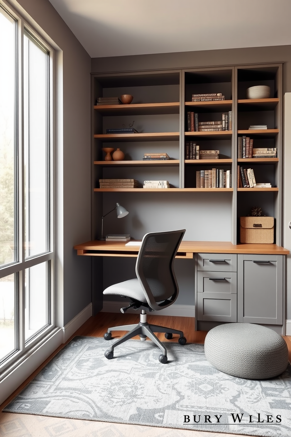 A warm gray home office features a sleek wooden desk with a minimalist design positioned against a light gray wall. A comfortable ergonomic chair complements the desk, while a large window allows natural light to flood the space. On the opposite wall, a built-in shelving unit displays books and decorative items in subtle earth tones. A soft area rug in a darker gray anchors the seating area, creating a cozy nook for reading or brainstorming.