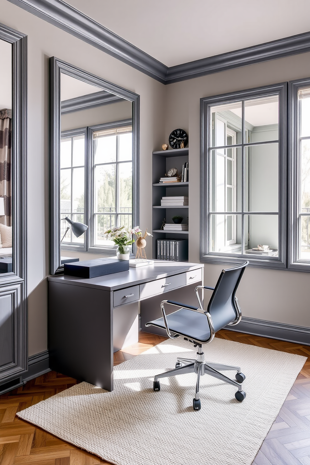 A modern home office featuring gray framed mirrors that reflect natural light to create an airy atmosphere. The workspace is designed with a sleek gray desk, ergonomic chair, and stylish shelving to keep the area organized and inviting.