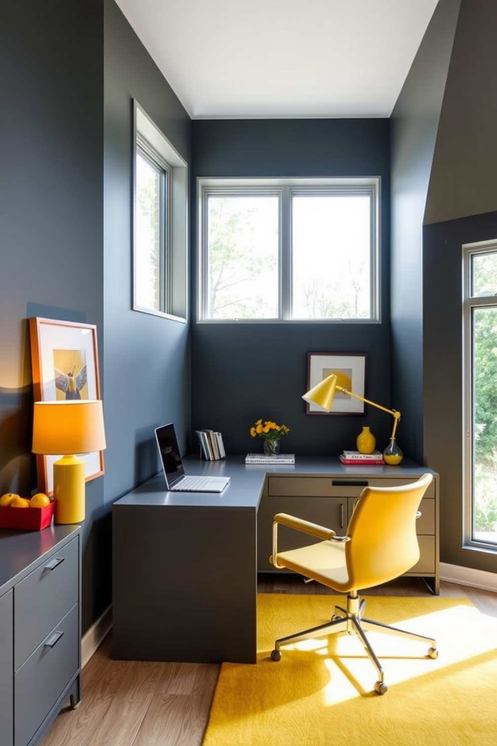 A modern home office featuring a bold gray and yellow color scheme. The walls are painted in a deep gray, while bright yellow accents are introduced through the desk chair and decorative accessories. A sleek gray desk is positioned against the wall, complemented by a stylish yellow lamp. Large windows allow natural light to flood the space, highlighting the vibrant color contrast and creating an inviting atmosphere.