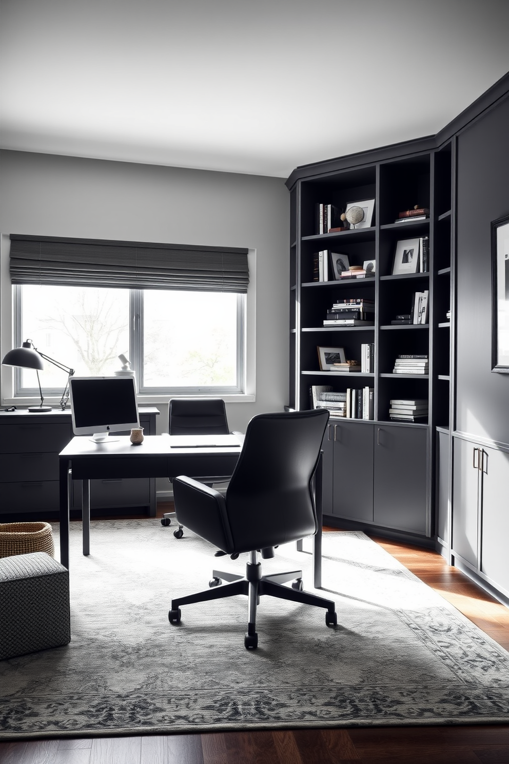 A sophisticated home office with gray and black furniture. The desk is sleek and modern, paired with an ergonomic black chair that complements the overall aesthetic. The walls are painted in a soft gray tone, creating a calming atmosphere. A large window allows natural light to flood the room, highlighting a stylish bookshelf filled with curated decor and books.