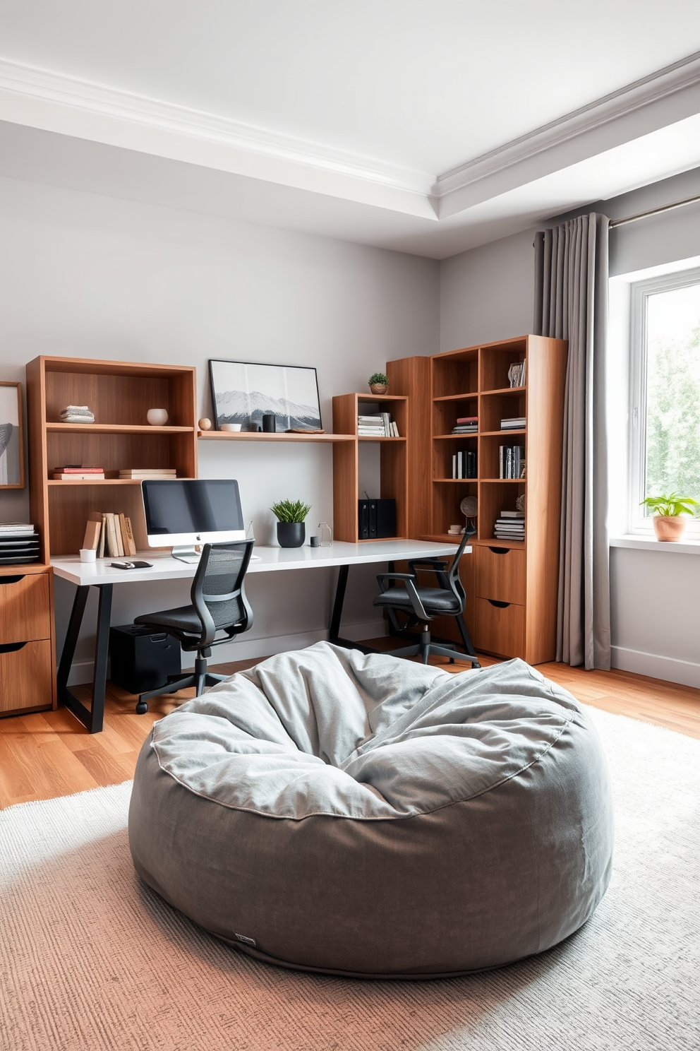 A soft gray bean bag is positioned in a cozy corner of a stylish home office. The workspace features a sleek desk with a minimalist design and a comfortable ergonomic chair, creating an inviting atmosphere for productivity. The walls are painted in a light gray hue, complemented by warm wooden accents and modern shelving units. A large window allows natural light to fill the room, enhancing the overall calming ambiance of the space.