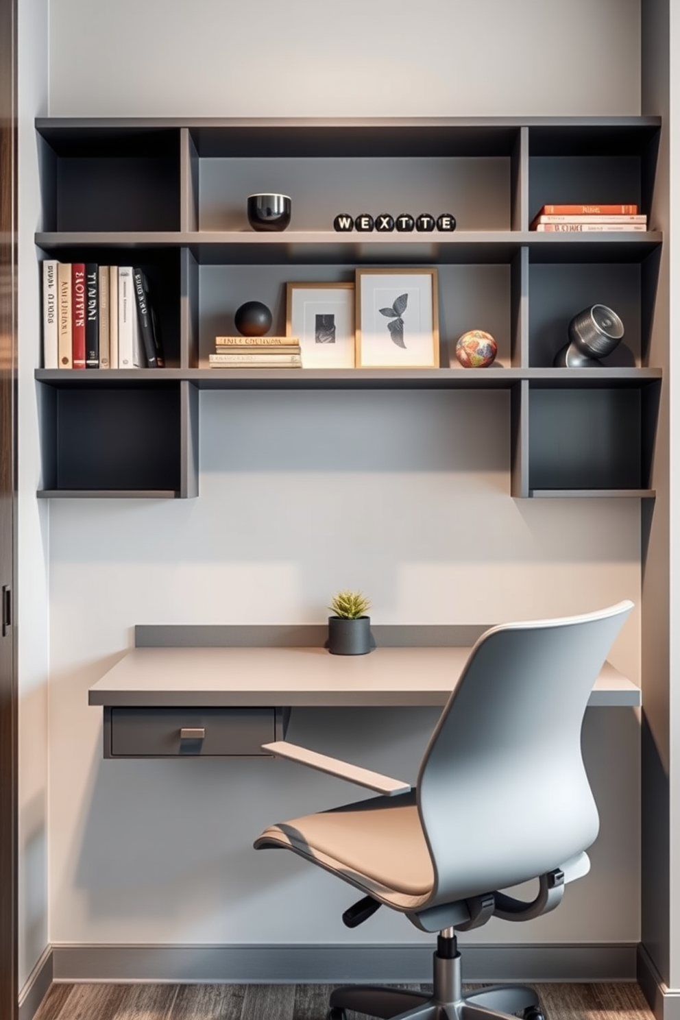 A stylish gray wall-mounted desk is positioned against a light gray wall, maximizing the use of limited space. The desk features sleek lines and minimalistic hardware, complemented by a comfortable ergonomic chair in a matching shade. Above the desk, floating shelves display curated books and decorative items, adding personality to the workspace. A small potted plant sits on the desk, bringing a touch of greenery to the modern home office design.