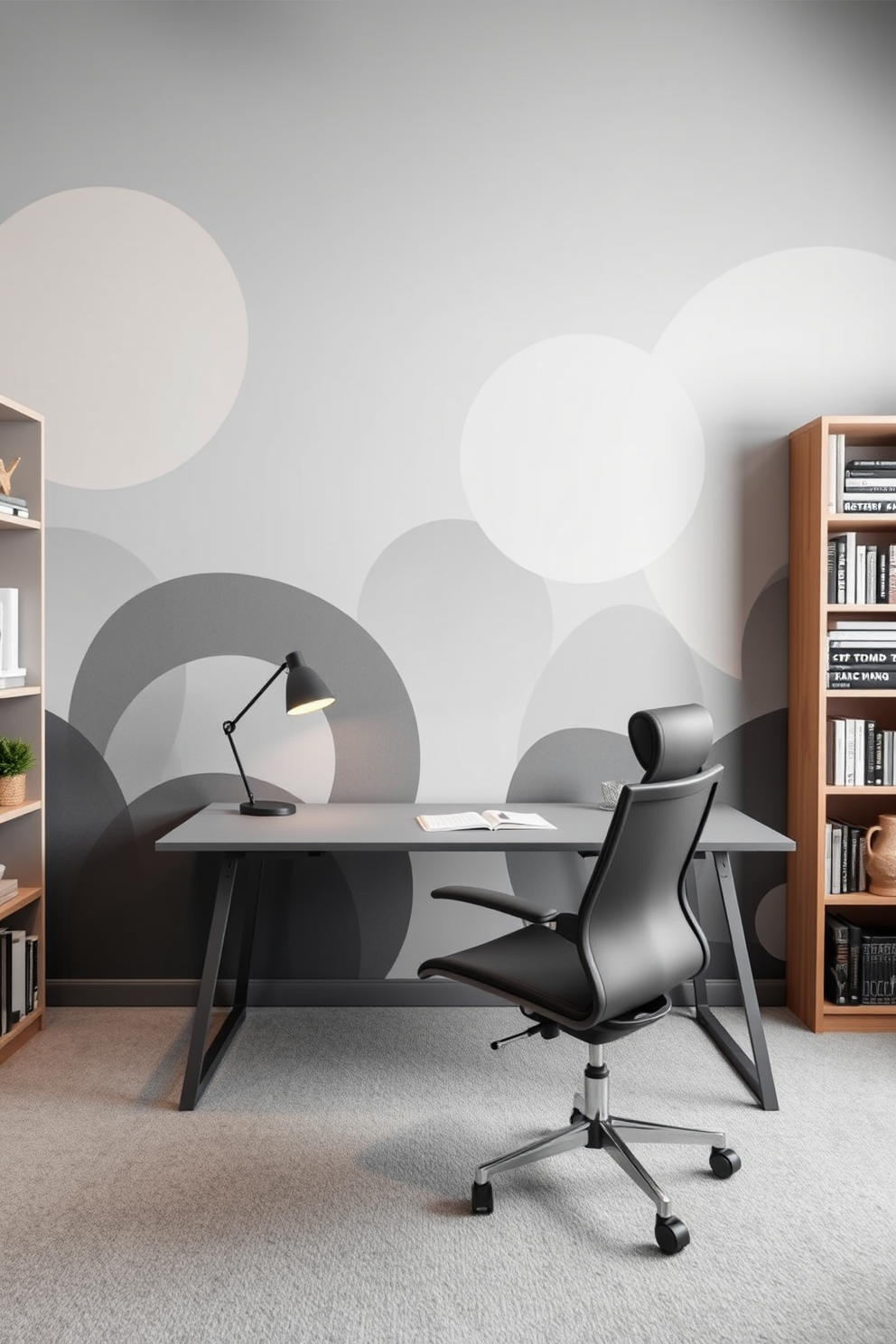 Artistic gray mural that adds a creative flair to the space. The mural features abstract shapes and soft gradients that inspire productivity and imagination. A sleek gray desk is positioned against the mural, complemented by an ergonomic chair in a contrasting color. Shelves filled with books and decorative items line the walls, enhancing the artistic atmosphere of the home office.