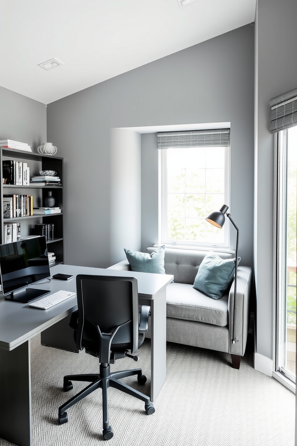 A modern home office featuring a sleek gray desk paired with a comfortable ergonomic chair. The walls are painted in a soft gray hue, and a large window allows natural light to flood the space. Gray accent pillows are strategically placed on a stylish sofa in the corner, creating a cozy reading nook. A minimalist bookshelf filled with design books and decorative items adds personality to the room.