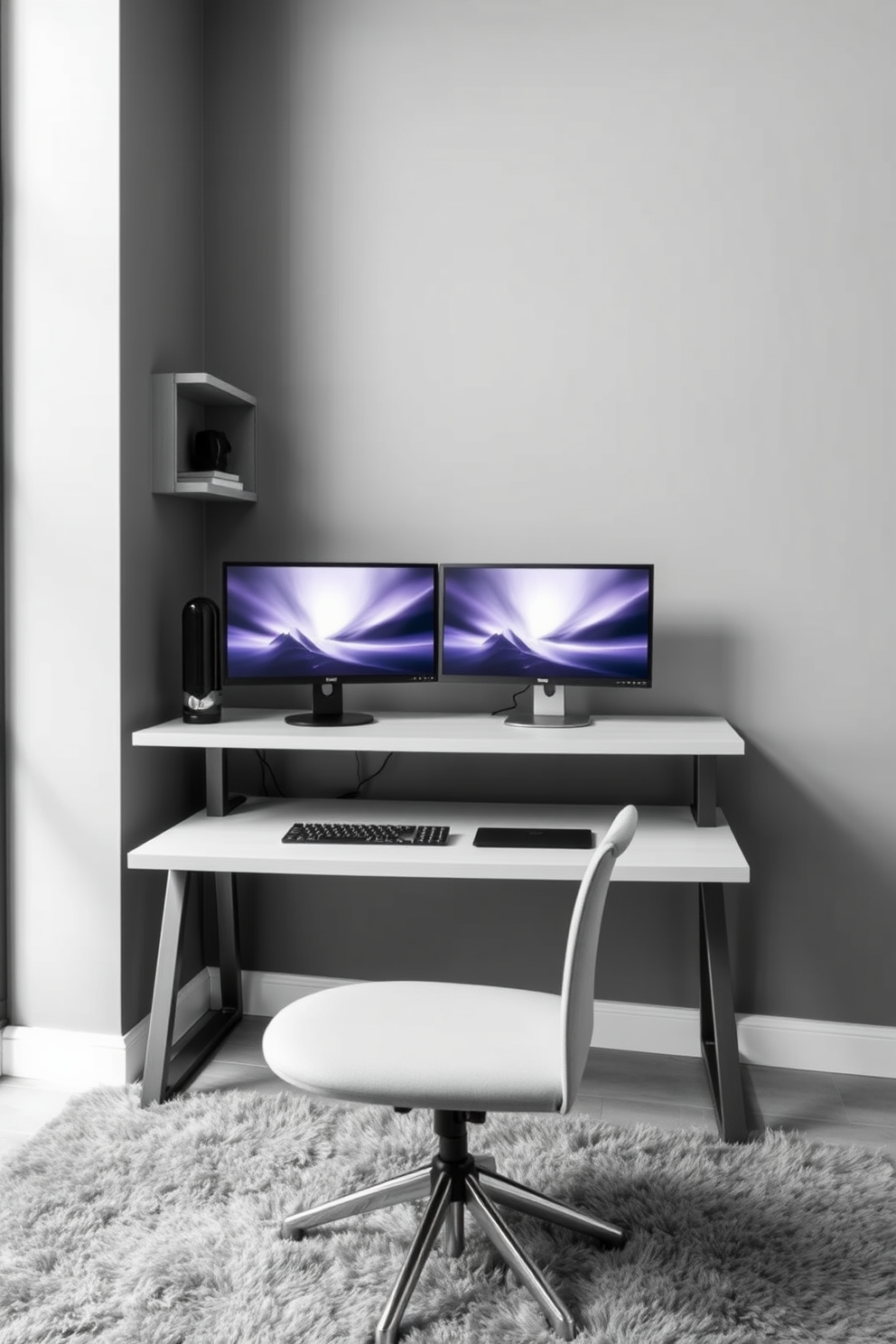 A functional gray workspace featuring dual monitors on a sleek, modern desk. The walls are painted in a soft gray hue, complemented by a plush area rug and stylish shelving units.