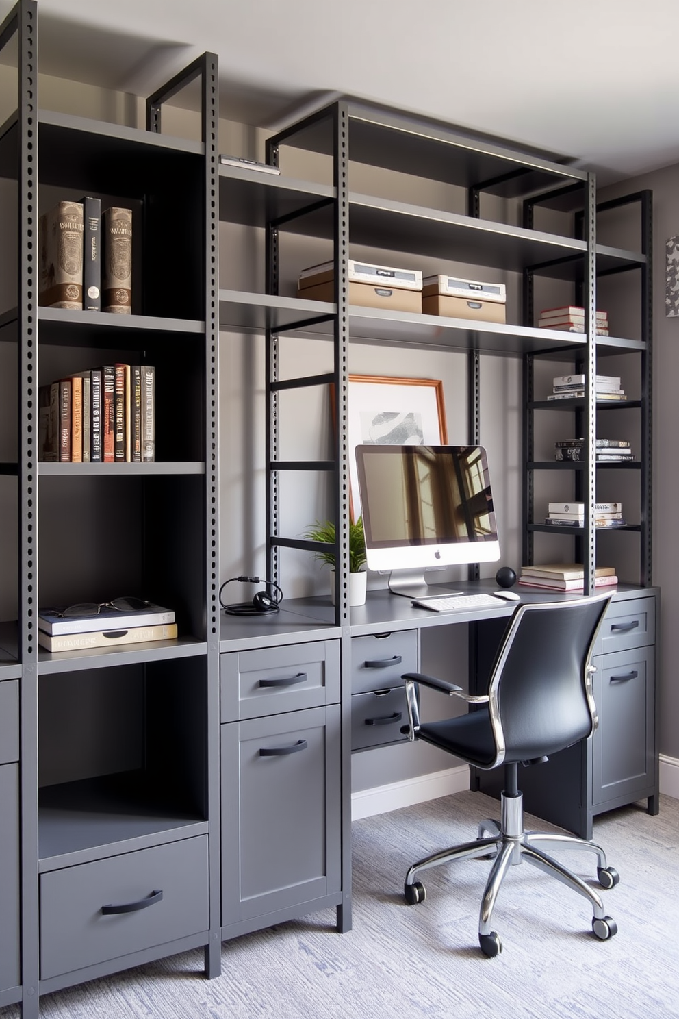 A modern gray home office features industrial gray shelving that provides ample storage space. The walls are painted in a soft gray tone, complementing the sleek lines of the furniture and creating a cohesive look.