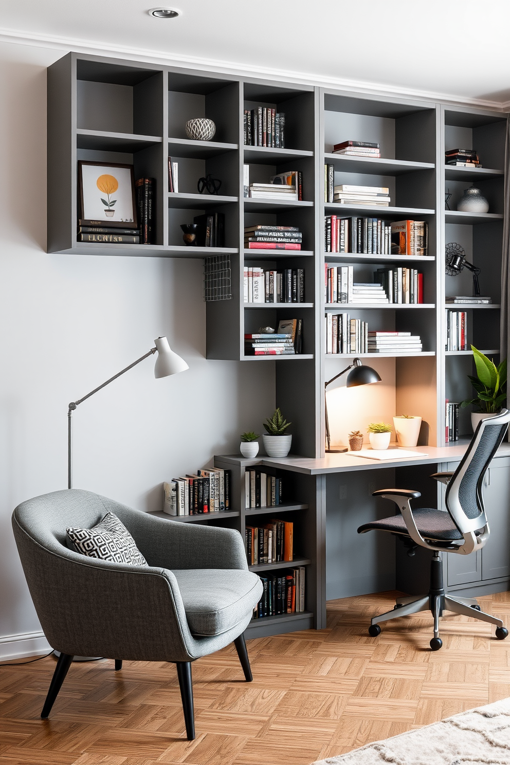 A stylish gray bookcase stands against the wall, filled with an array of books and decorative items that reflect personal taste. The bookcase features clean lines and a modern aesthetic, complemented by a cozy gray armchair placed nearby for reading. In the gray home office, a sleek desk with a minimalist design is paired with an ergonomic chair, creating a functional workspace. Soft lighting from a contemporary desk lamp enhances the inviting atmosphere, while a few potted plants add a touch of greenery.