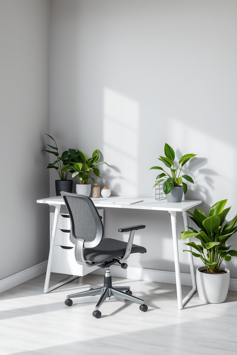 A functional gray workspace with a sleek desk positioned against the wall. Lush green plants are placed on the desk and in the corners, bringing life to the minimalist design. The walls are painted in a soft gray tone, creating a calming atmosphere. A comfortable ergonomic chair complements the workspace, enhancing both style and functionality.