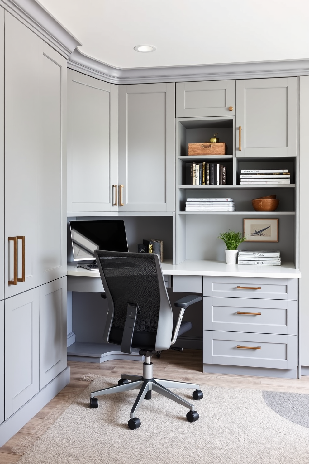 A modern home office featuring sleek gray cabinets that provide ample organization and storage. The workspace includes a minimalist desk with a comfortable ergonomic chair, surrounded by stylish decor and soft lighting.