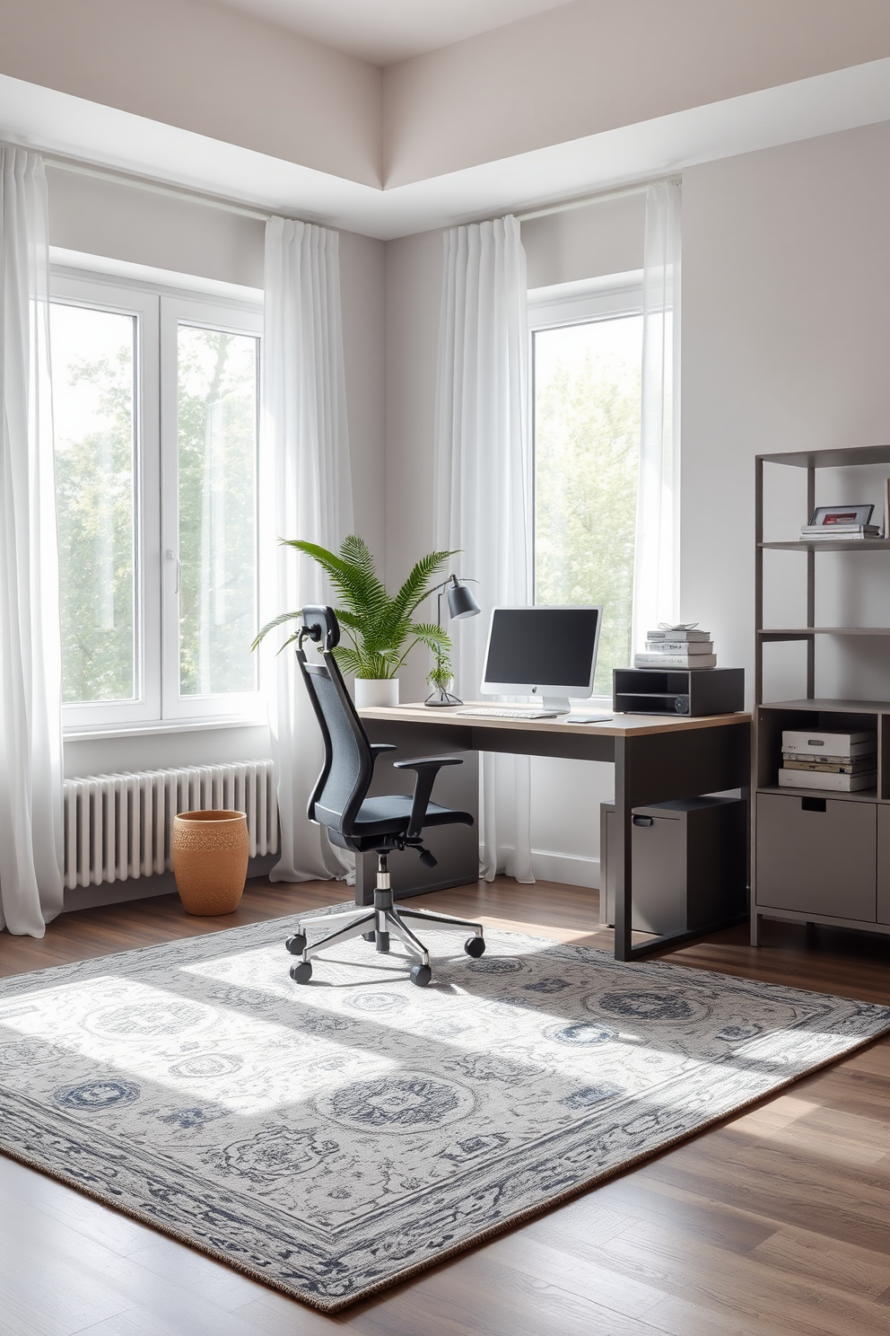 A chic gray rug anchors the space in a modern home office setting. The office features a sleek gray desk paired with a stylish ergonomic chair, complemented by minimalist shelving units. Natural light floods the room through large windows adorned with sheer white curtains. A potted plant adds a touch of greenery to the otherwise neutral color palette, enhancing the serene atmosphere.