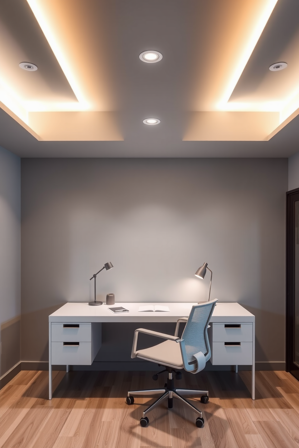 A sleek gray home office features contemporary lighting fixtures that provide a warm glow. The walls are painted in a soft gray, complemented by a minimalist desk and ergonomic chair for a stylish yet functional workspace.