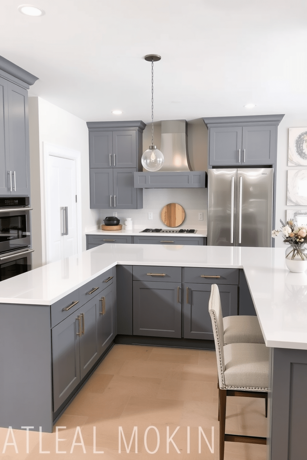 A modern kitchen featuring sleek gray cabinets complemented by pristine white countertops. The space is illuminated by pendant lights hanging above a large island with bar seating, creating a stylish and functional area for cooking and entertaining.