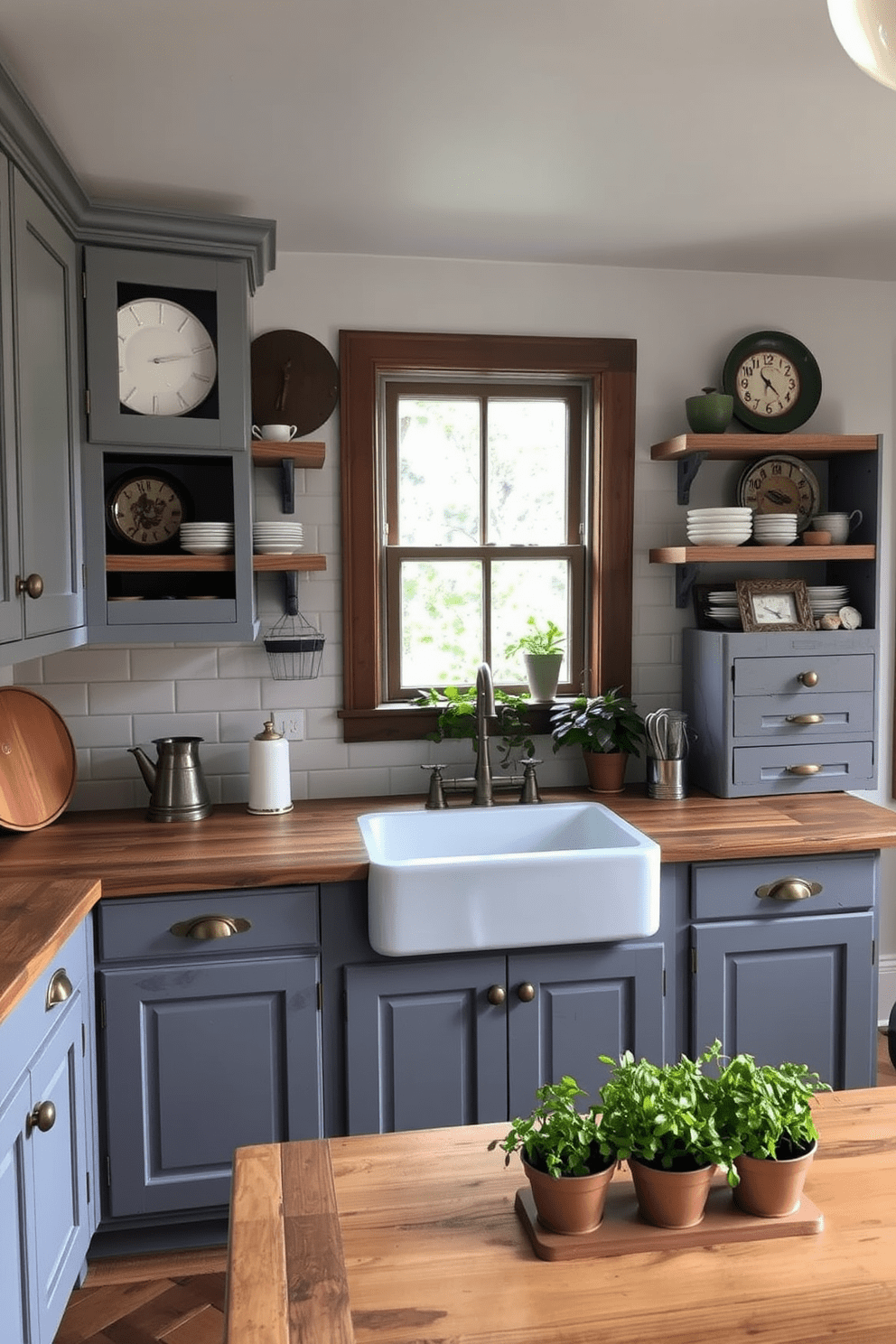 A cozy kitchen featuring rustic gray cabinets adorned with vintage decor. The cabinets are complemented by brass hardware and open shelving displaying antique dishware. The countertops are made of reclaimed wood, adding warmth to the space. A farmhouse sink sits beneath a window, surrounded by potted herbs for a touch of greenery.