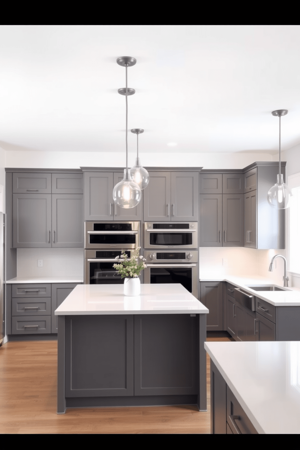 A contemporary kitchen featuring gray cabinetry with sleek white countertops that create a clean and modern look. Pendant lights hang gracefully above the central island, illuminating the space and adding a touch of elegance. The walls are painted in a soft gray hue, complementing the overall color scheme and enhancing the airy feel of the room. Stainless steel appliances are seamlessly integrated, providing both functionality and style in this inviting kitchen design.