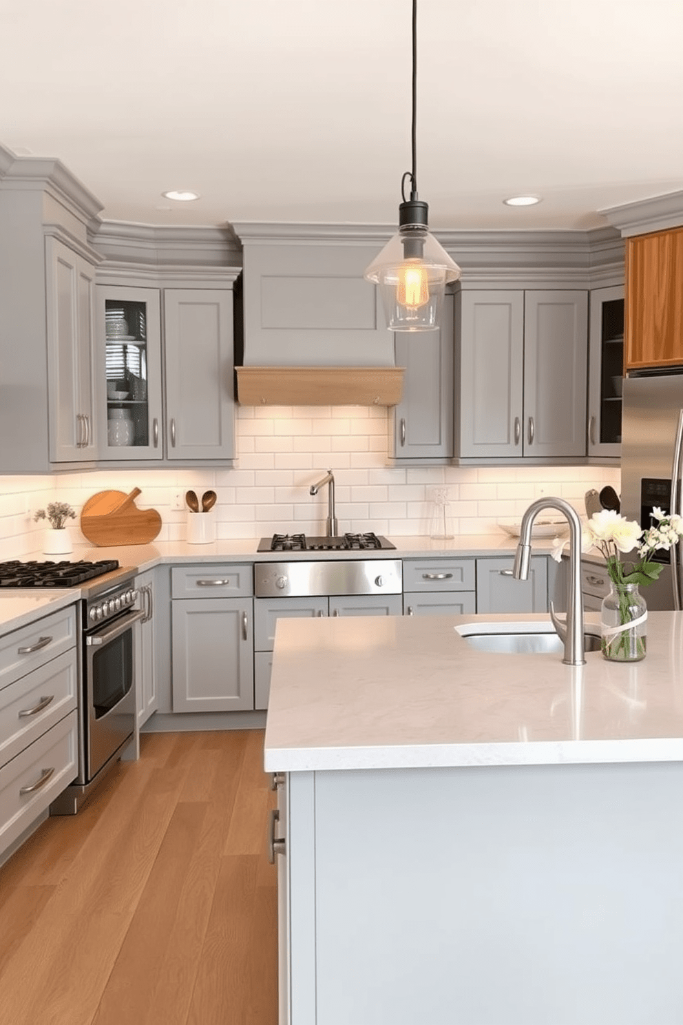 A modern kitchen featuring soft gray cabinetry complemented by warm wood accents. The countertops are a light gray stone, and a large island with a wooden base serves as a gathering space. Stainless steel appliances add a sleek touch, while pendant lights with warm tones hang above the island. The backsplash consists of white subway tiles, creating a clean and inviting atmosphere.