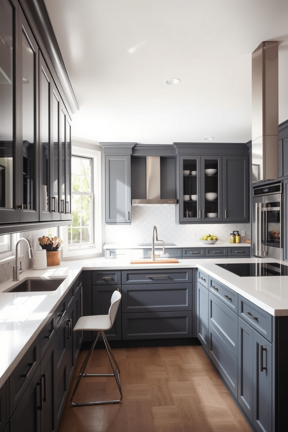 A contemporary gray kitchen with sleek glass-front cabinets creates a modern and inviting atmosphere. The space features a large island with a polished white countertop, complemented by stylish bar stools for casual dining. Natural light floods the room through large windows, highlighting the gray cabinetry and stainless steel appliances. A subtle backsplash with geometric patterns adds visual interest while maintaining the kitchen's elegant aesthetic.