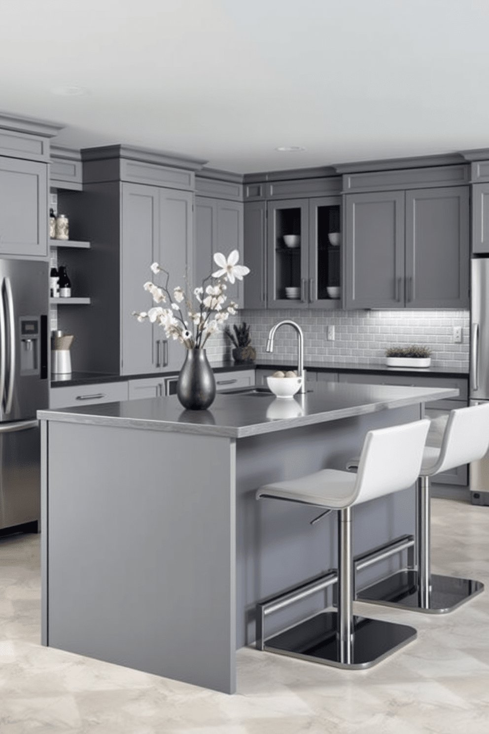 A modern gray kitchen featuring a bold gray island with sleek bar seating. The cabinetry is a lighter shade of gray, complemented by stainless steel appliances and minimalist decor.