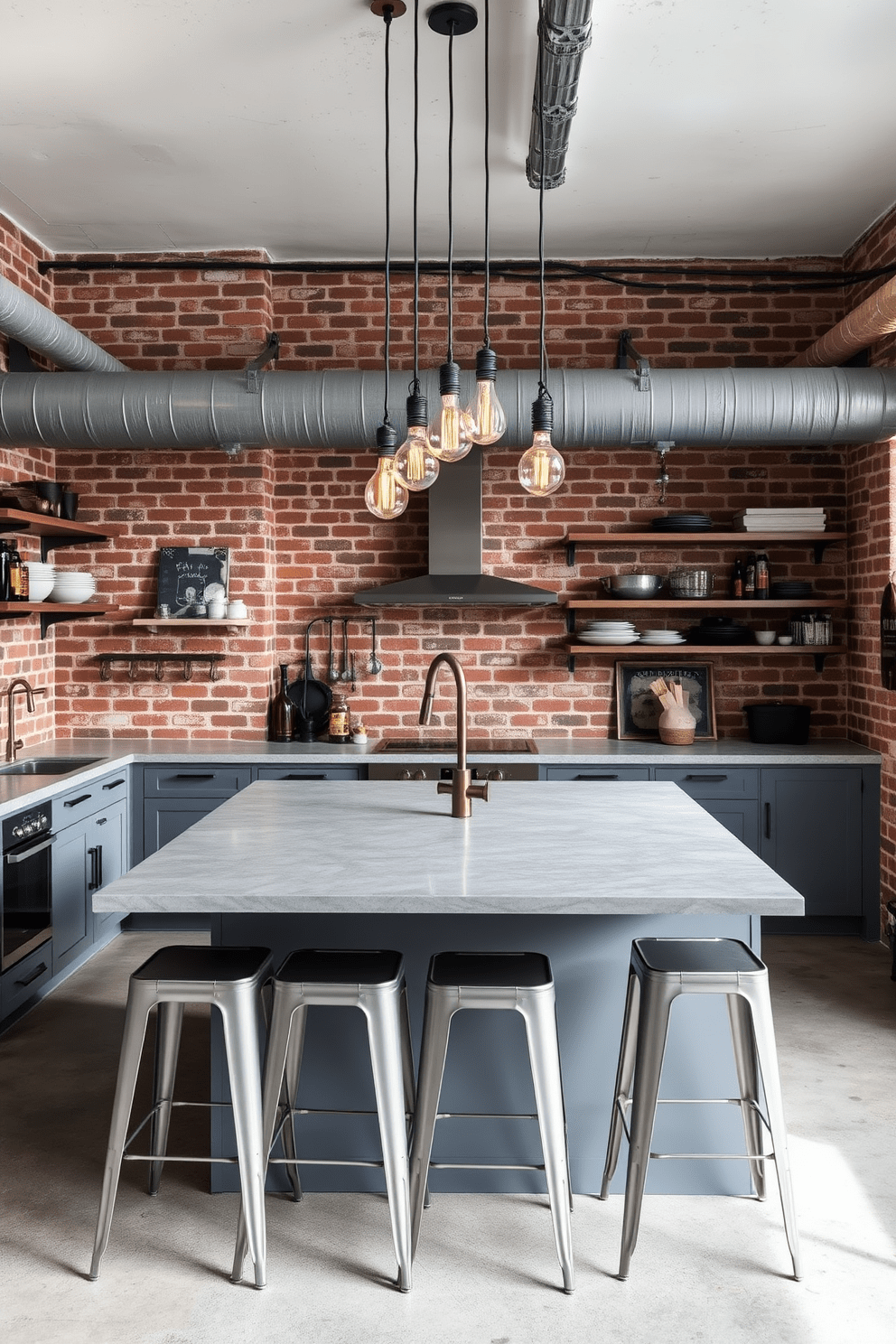 An industrial gray kitchen features exposed brick walls and concrete flooring that create a raw yet stylish atmosphere. The space is accented with metal fixtures and open shelving, showcasing a blend of modern and vintage elements. A large kitchen island with a gray stone countertop serves as the focal point, surrounded by sleek metal bar stools. Pendant lighting with Edison bulbs hangs above the island, adding warmth to the industrial aesthetic.