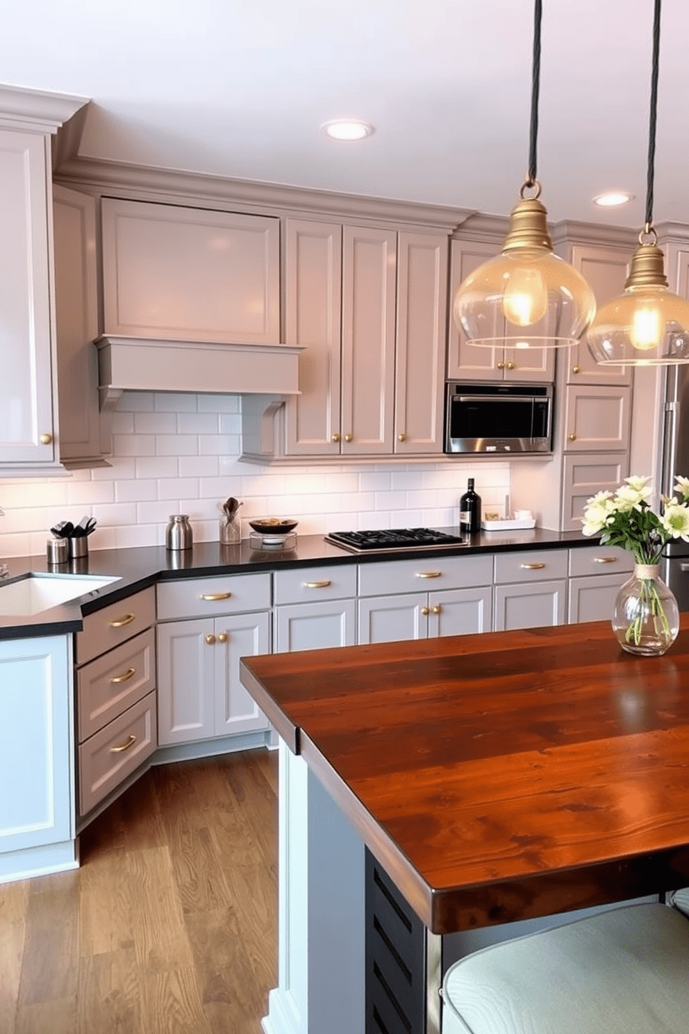 Cozy gray kitchen with warm lighting. The cabinets are a soft gray, complemented by a white subway tile backsplash and brass hardware. A large kitchen island features a dark wood countertop and comfortable bar stools. Pendant lights with a warm glow hang above, creating an inviting atmosphere.