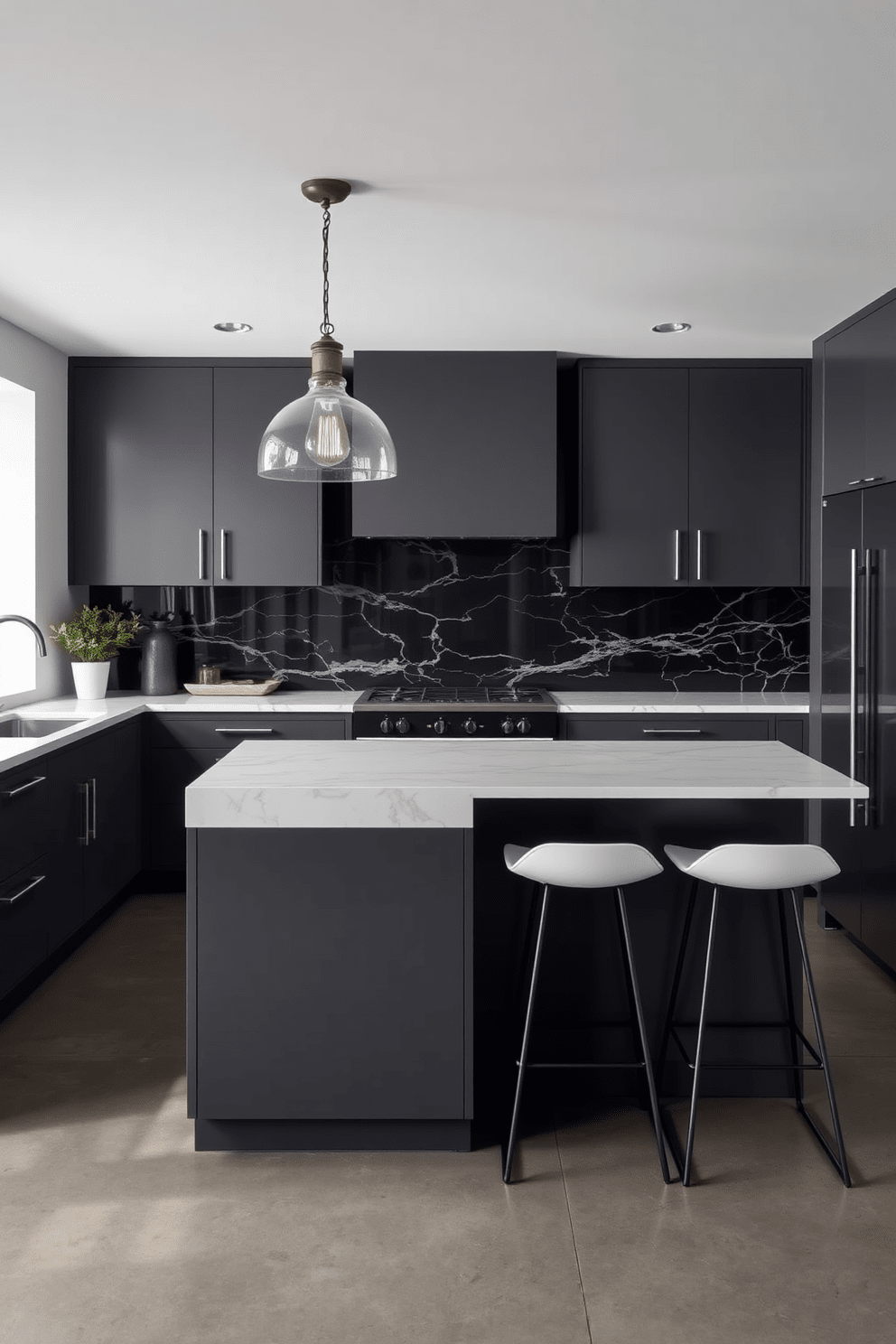 A sophisticated kitchen design featuring gray tones with dramatic contrasts. The cabinetry is a deep charcoal, complemented by sleek white marble countertops and a striking black backsplash. Industrial-style pendant lights hang above a large kitchen island, which is adorned with modern bar stools in a contrasting color. The flooring consists of polished concrete, enhancing the contemporary feel of the space.