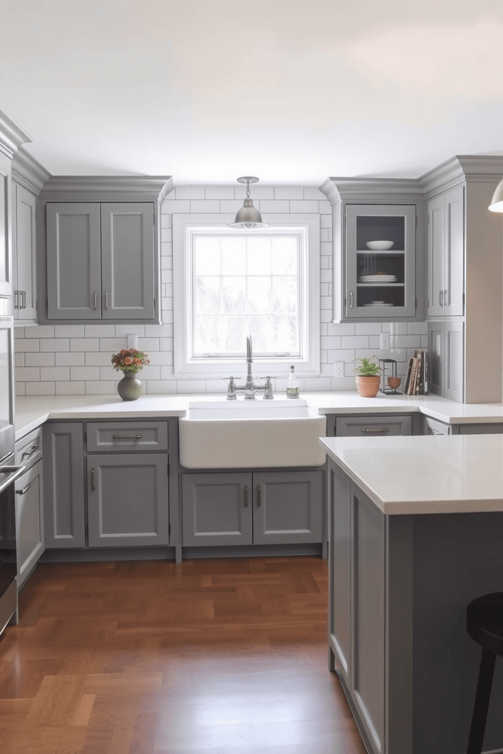 Classic gray cabinets with subway tile create a timeless and elegant kitchen atmosphere. The countertops are a polished white quartz, complementing the sleek lines of the cabinetry. A large farmhouse sink is centered beneath a window, allowing natural light to illuminate the space. Pendant lights with a brushed nickel finish hang above a spacious island, enhancing the kitchen's functionality and style.