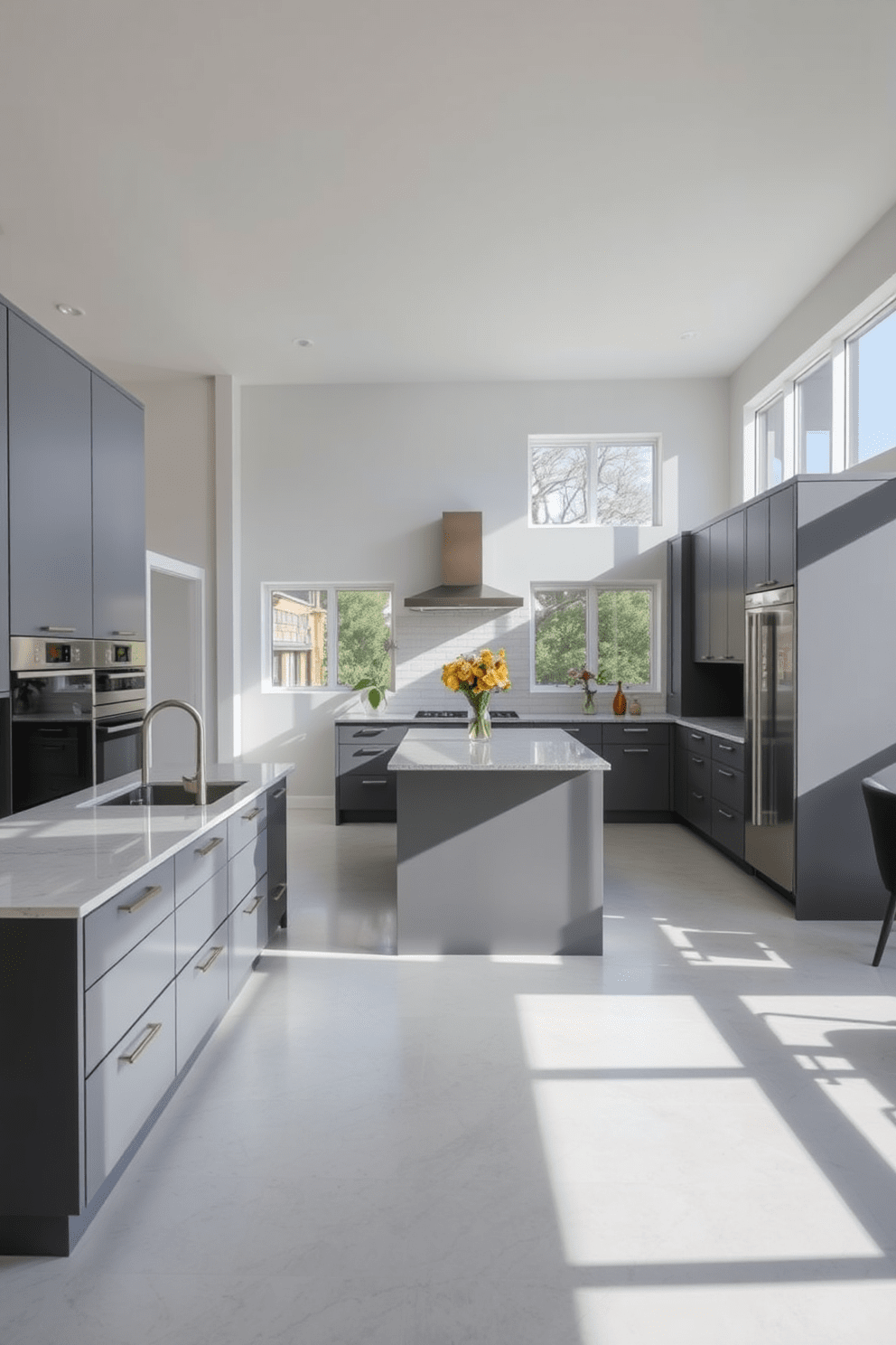 A stylish gray kitchen with an open floor plan features sleek gray cabinetry and a large central island with bar seating. Natural light floods the space through expansive windows, highlighting the polished quartz countertops and stainless steel appliances.