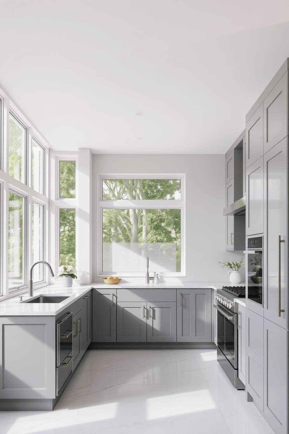 A bright gray kitchen with large windows that flood the space with natural light. The cabinetry features sleek gray finishes complemented by stainless steel appliances and a white marble backsplash.