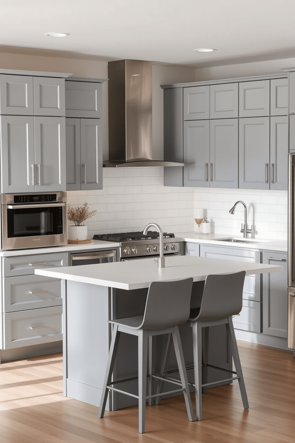 A serene kitchen setting featuring a gray and white color scheme that promotes tranquility. The cabinetry is a soft gray with sleek white countertops, complemented by stainless steel appliances for a modern touch. The backsplash consists of white subway tiles that reflect light, enhancing the airy feel of the space. A large island in the center provides additional prep space and is adorned with minimalist bar stools in a matching gray tone.