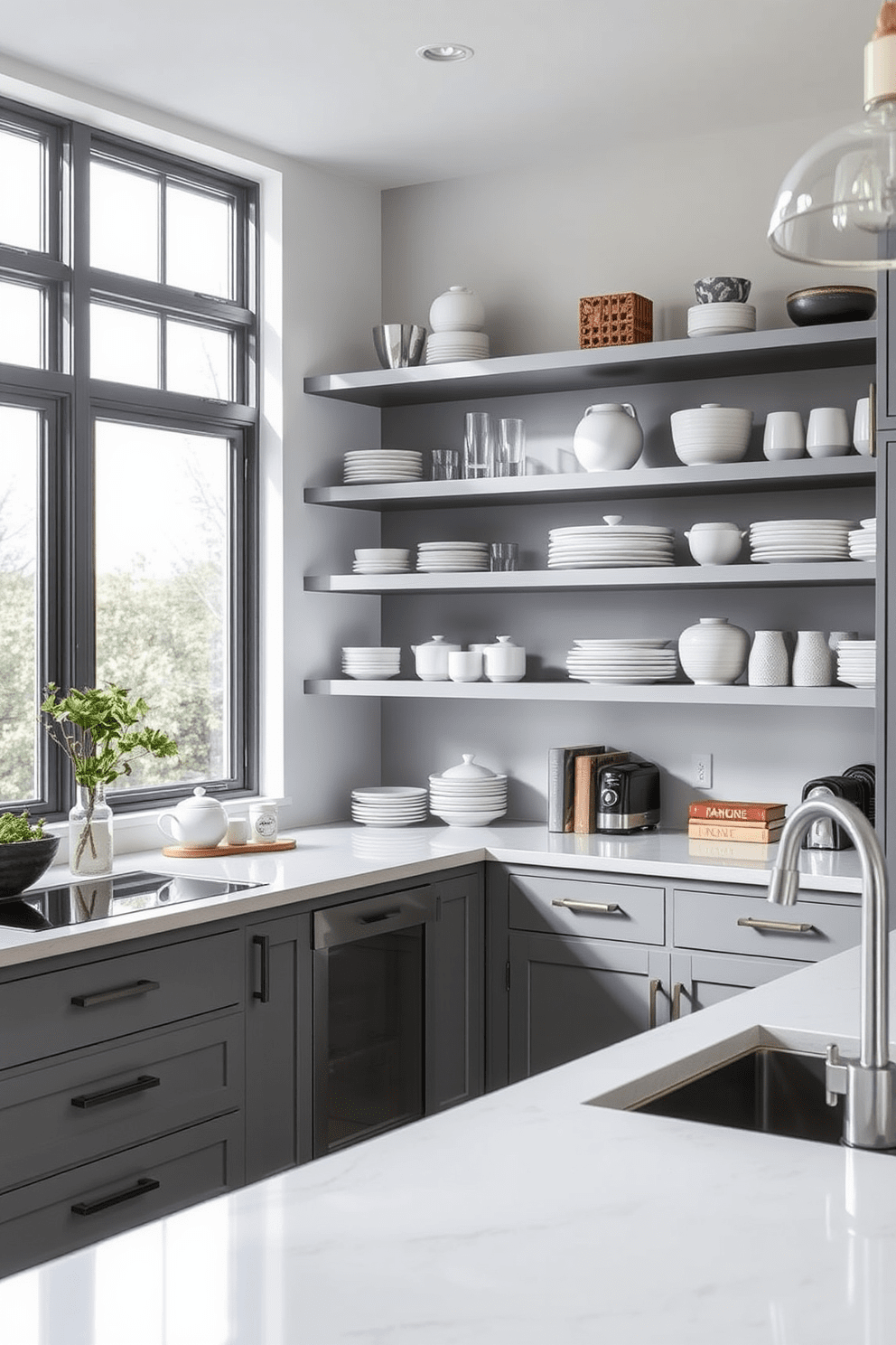 A contemporary kitchen featuring open shelving with gray and white accents. The shelves are filled with stylish dishware and decorative items, creating an inviting atmosphere while maintaining a sleek aesthetic. The cabinetry is a soft gray with modern hardware, complementing the white countertops. Natural light floods the space through large windows, highlighting the minimalist design and adding warmth to the overall look.